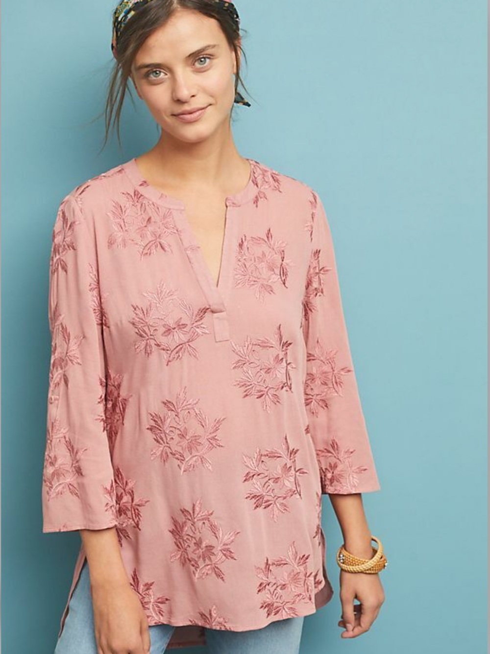 MAEVE Anthropologie Blush Floral Split-Neck High-Low Tunic in Small Petite NWOT